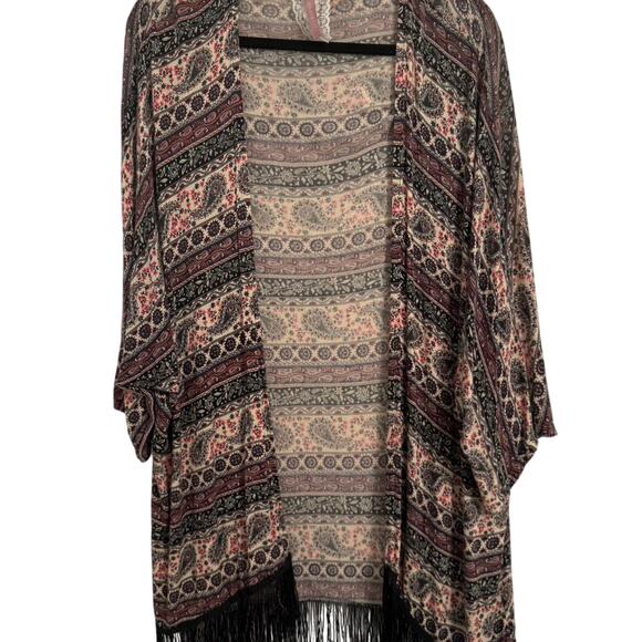 Mauve Women's L Boho Colorful Oversized Fringe Open Front Kimono Cardigan Beach - Picture 1 of 9